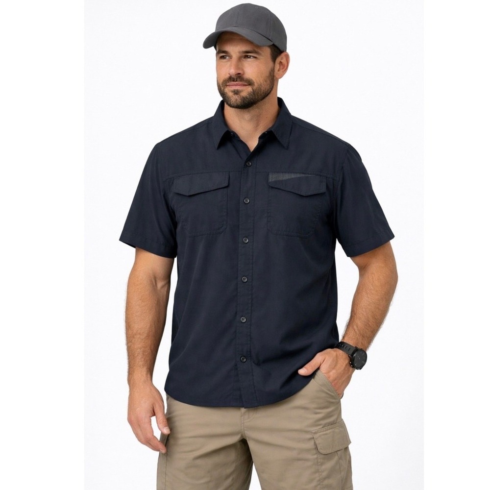 Free Country Shirt Mens XL Navy Blue Short Sleeve Button Up Pockets Outdoor